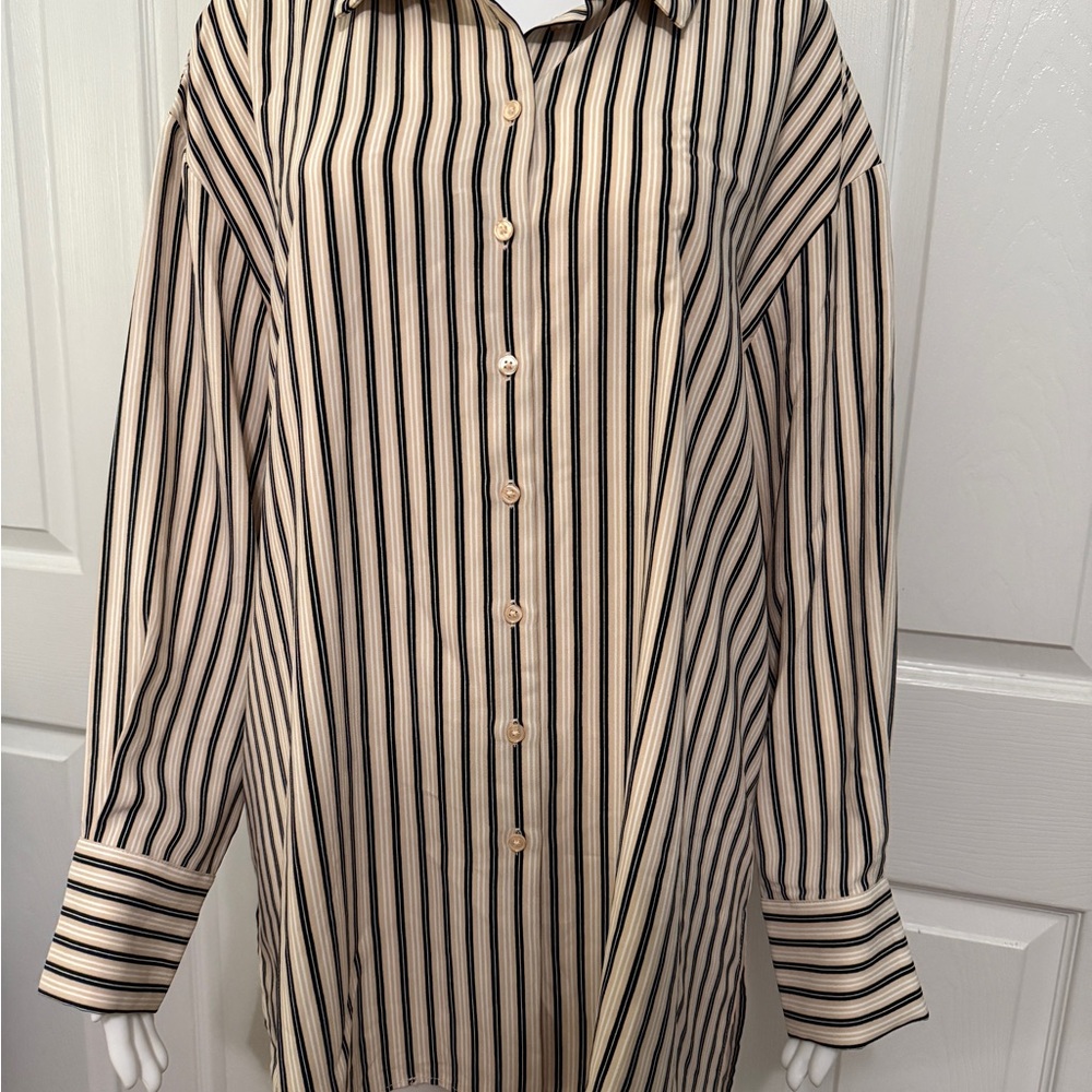 Adrianna Papell Black and Cream Striped Blouse